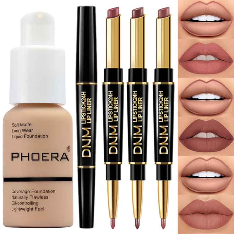 PHOERA Foundation Full Coverage,3Pcs Lip Liner and Lipstick Make-up Set (104-Buff Beige+Lip Seta)