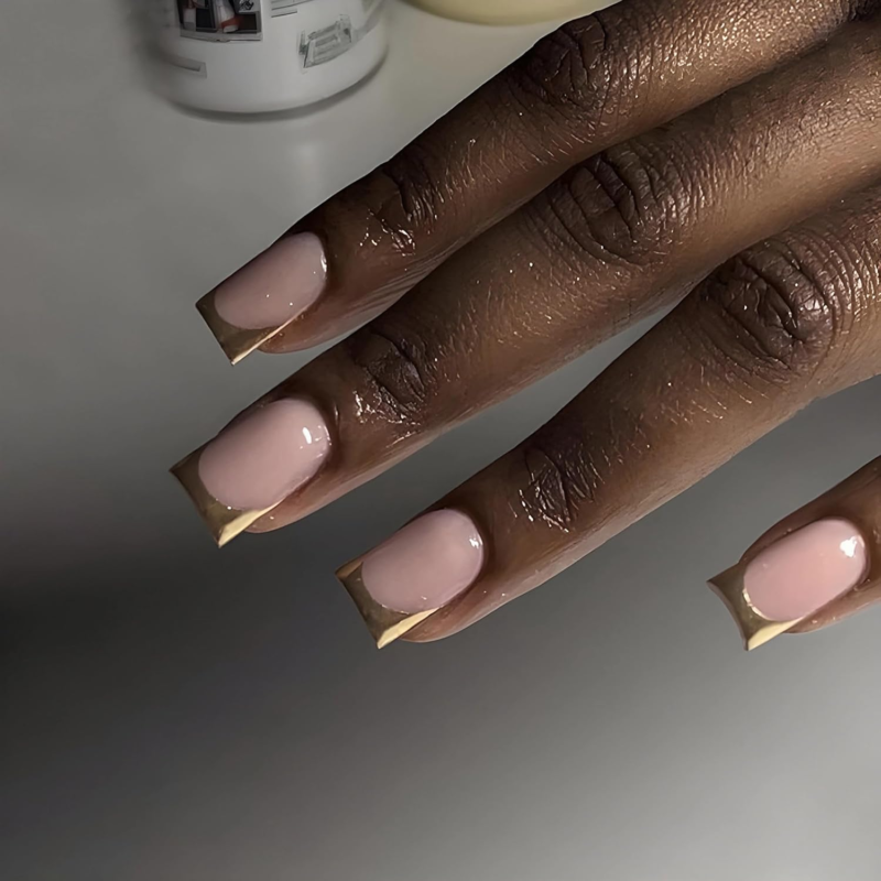 MERVF Square Press on Glossy Nails Medium Gold French Tip Glue on Nude Acrylic with Design 24Pcs - Image 2