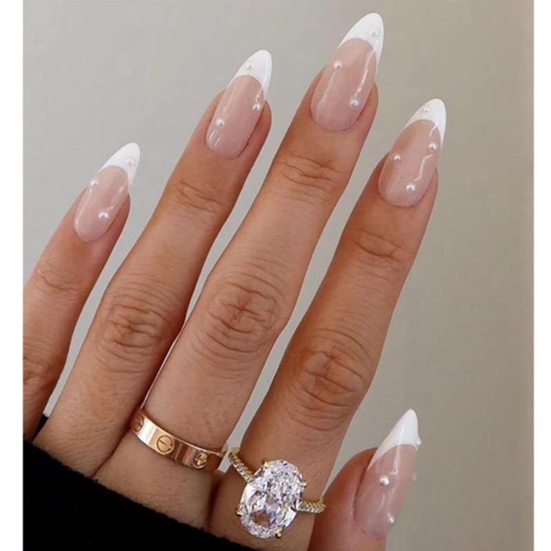 WAFOLOZE Almond Press on French Tip Pearl Designs Acrylic Artificial Stick on Nails 24Pcs