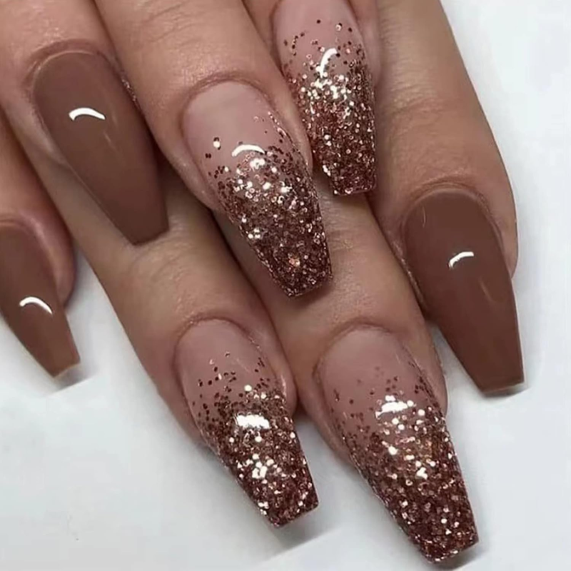 SINHOT Coffin Press on Nails Medium Ballerina Glossy Glue on Acrylic Brown Glitter Designs 24 Pcs