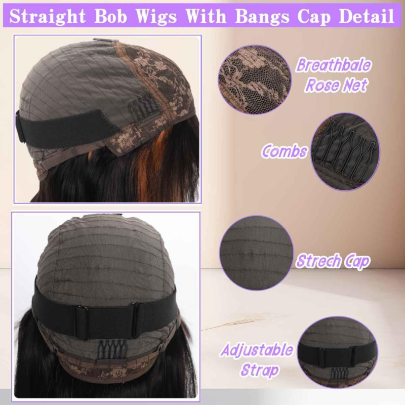TATAMAGIC Bob Wig with Bangs Human Hair 180 Density Highlight HD Lace Short Glueless 8Inch - Image 3
