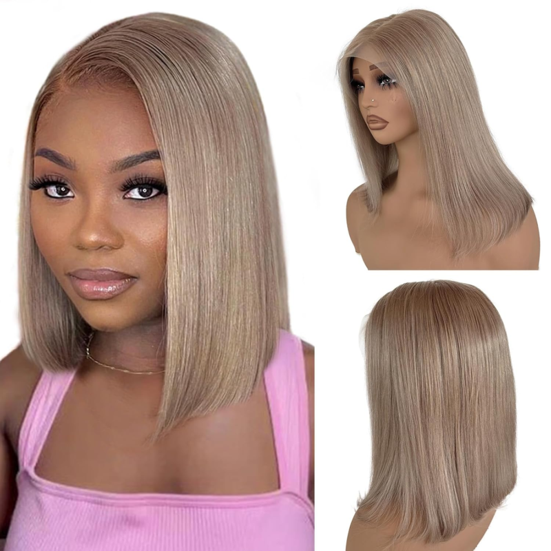 LICOVILLE Ash Blonde HD Lace Front Bob Wigs Human Hair 10 Inch 180% Density Short Thick Ends Pre-Plucked