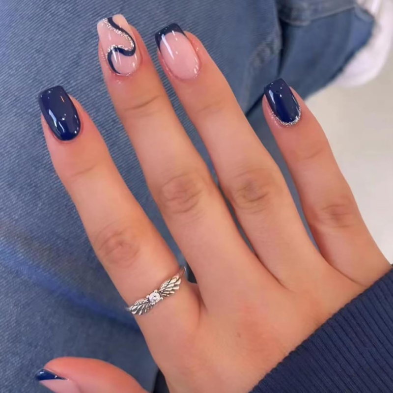 MABKJLF Short Square Press on French Tip Full Cover Dark Blue Swirl Designs Acrylic Artificial Nails 24Pcs