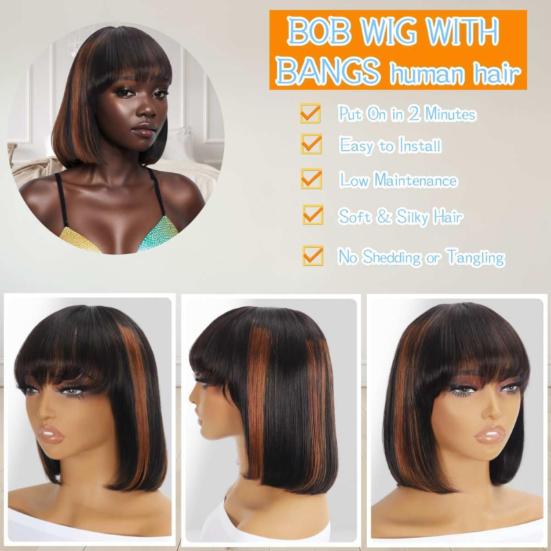 TATAMAGIC Bob Wig with Bangs Human Hair 180 Density Highlight HD Lace Short Glueless 8Inch - Image 2