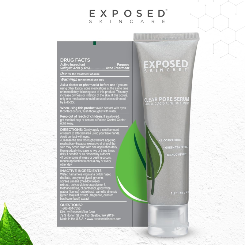 EXPOSED SKIN CARE Clear Pore Serum - Green Tea, Licorice Root, Salicylic Acid Formula - Image 2