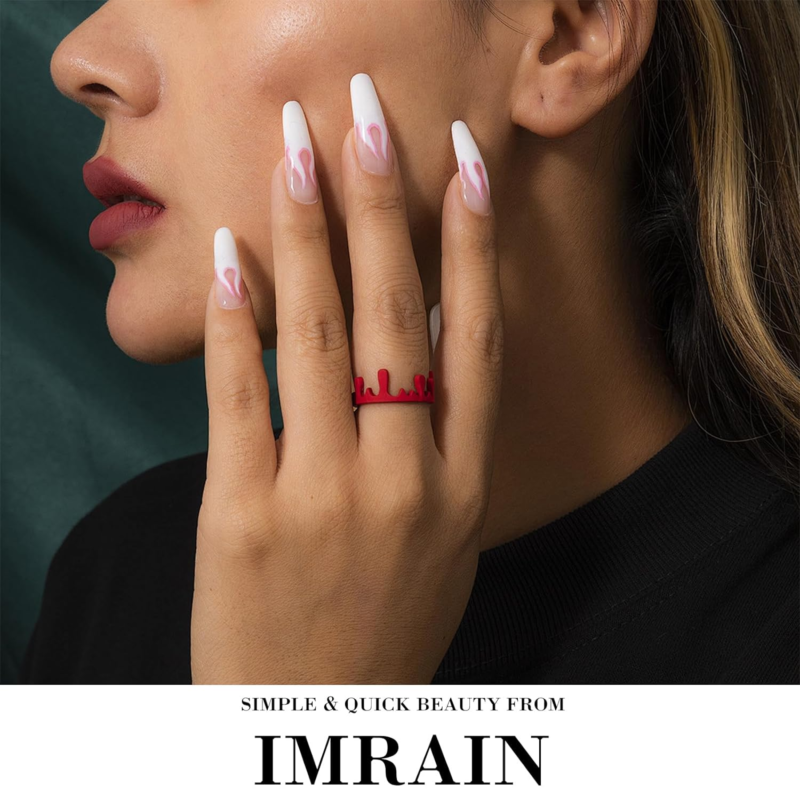 IMRAIN Press on Nails Short Square White French Tips Glossy Cute Bling Glitter Full Cover Flower Stick on Acrylic Nails - Image 2