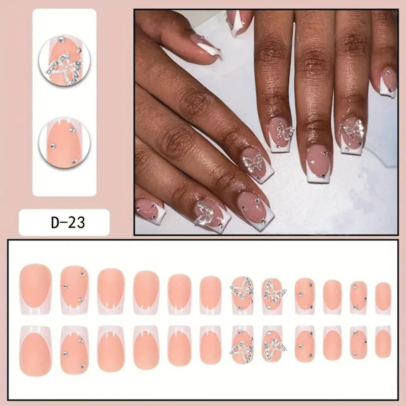 LPOODDNU Short Press on Nails with Charms Butterfly White French Acrylic Square Shape 24Pcs - Image 2