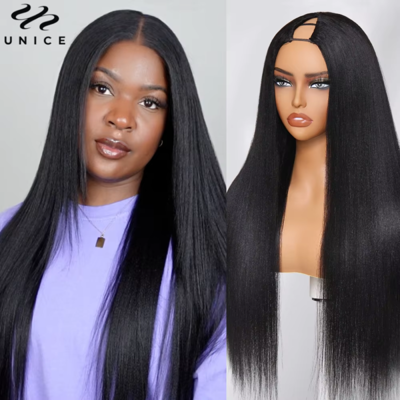 UNICE HAIR Yaki Straight V Part Wig 100% Human Hair No Sew in Clip Read to Wear Go (Size Variation)