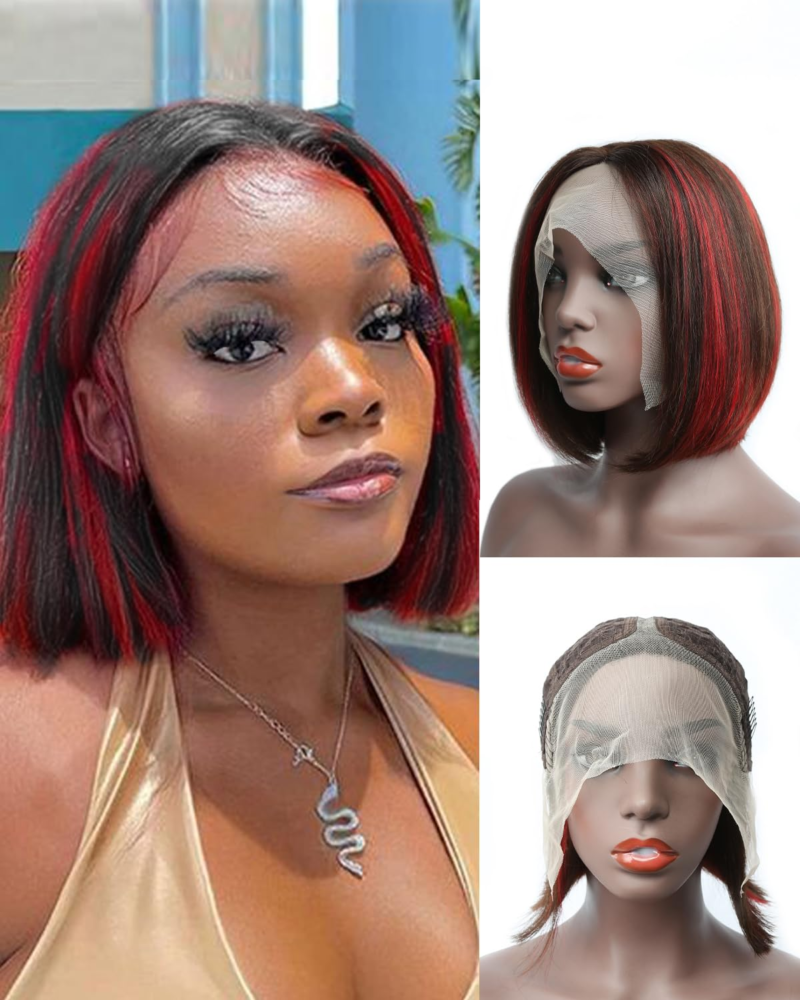 EVALA Bob Wig 13X4X1 Lace Front Human Hair Pre Plucked 12 Inch Darkest Brown Highlight Red Color 150% Density