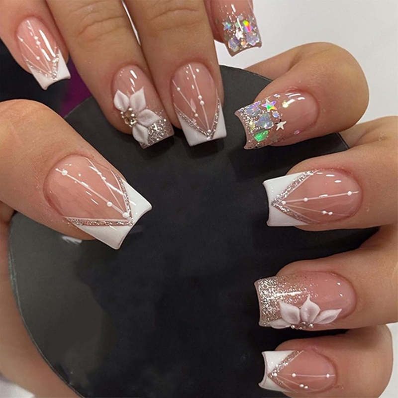 IMRAIN Press on Nails Short Square White French Tips Glossy Cute Bling Glitter Full Cover Flower Stick on Acrylic Nails