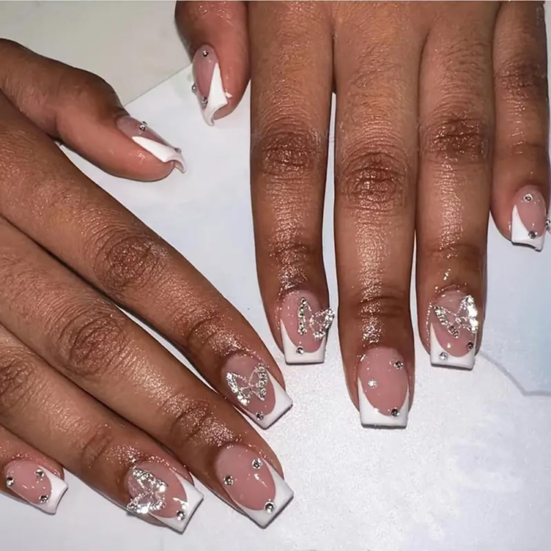 LPOODDNU Short Press on Nails with Charms Butterfly White French Acrylic Square Shape 24Pcs