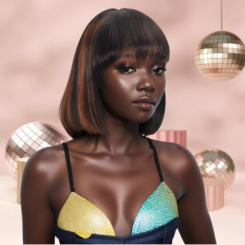 TATAMAGIC Bob Wig with Bangs Human Hair 180 Density Highlight HD Lace Short Glueless 8Inch