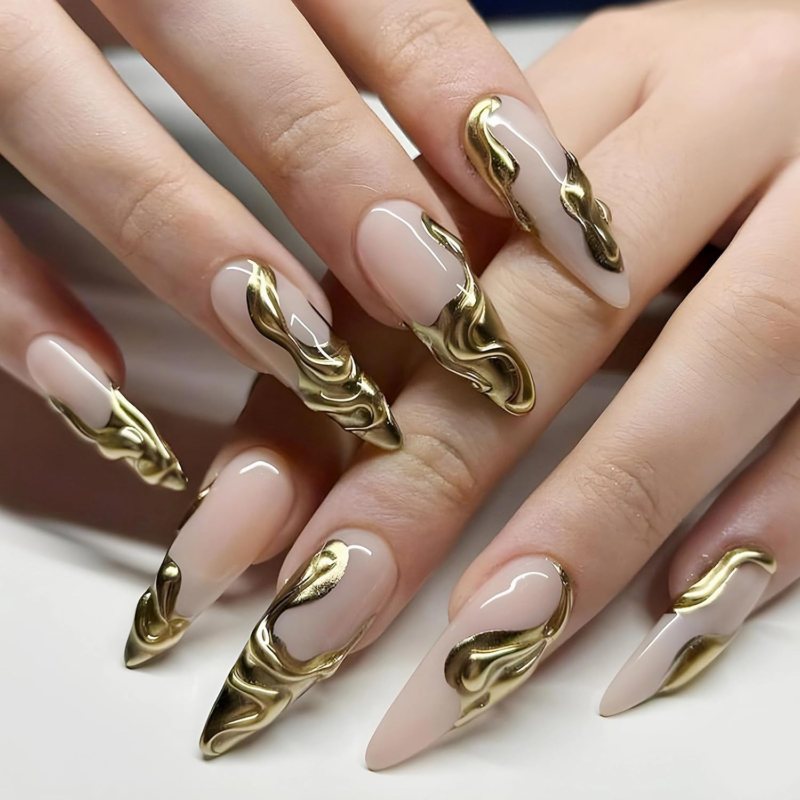 MISUD Press on Long Stiletto Glossy Glue on 3D Gold Chrome Acrylic French Tip with Design 24 Pcs