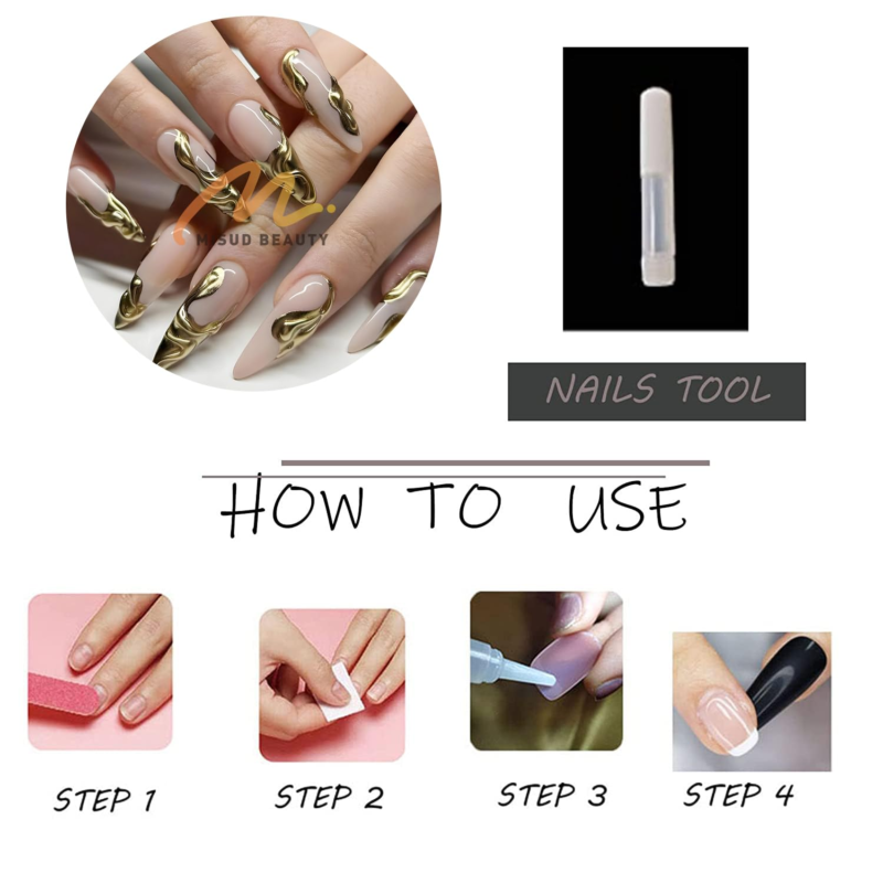 MISUD Press on Long Stiletto Glossy Glue on 3D Gold Chrome Acrylic French Tip with Design 24 Pcs - Image 2