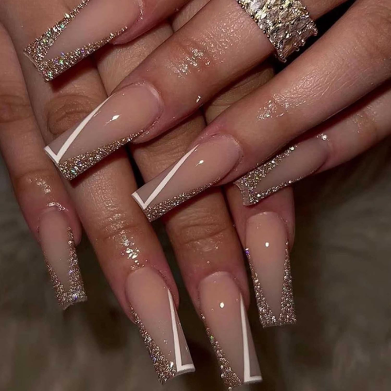 DANMANR Long Press on Nails Square French Full Cover Nude Acrylic 24PCS