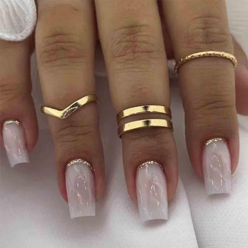 FOCCNA Press on Nails Medium, Pink Marble Square Luxury Acrylic Artificial Rhinestone 24 Pcs