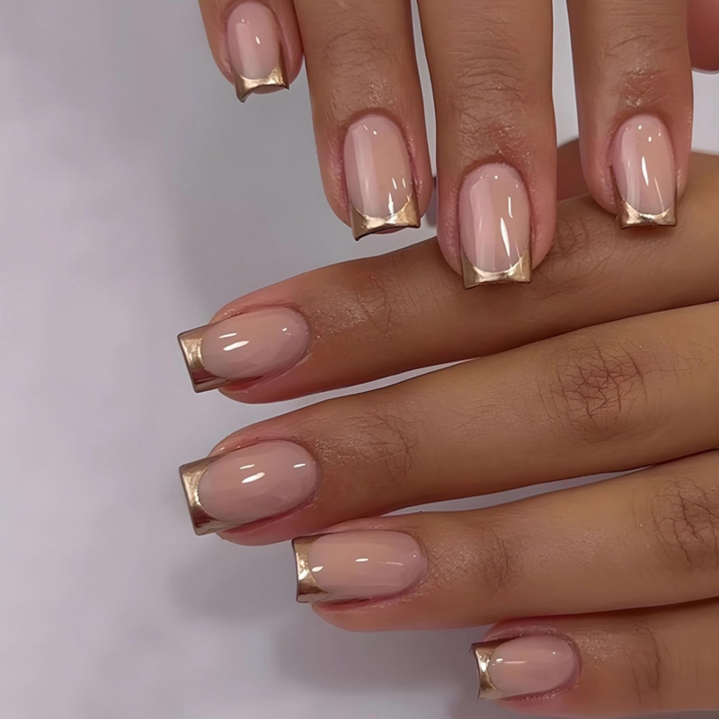 MERVF Square Press on Glossy Nails Medium Gold French Tip Glue on Nude Acrylic with Design 24Pcs
