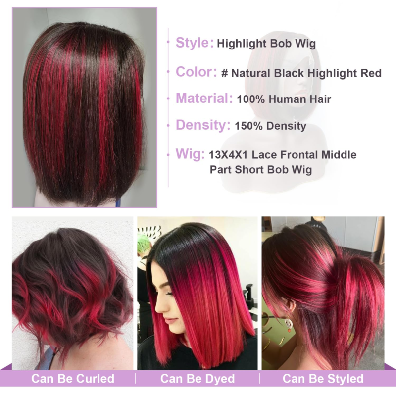EVALA Bob Wig 13X4X1 Lace Front Human Hair Pre Plucked 12 Inch Darkest Brown Highlight Red Color 150% Density - Image 2