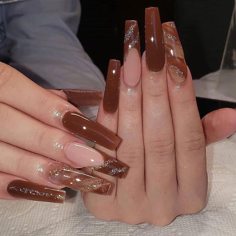 BABALAL Coffin Press on Long Nails Glossy Glue Brown Fall Acrylic Ballerina